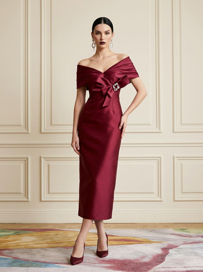 Satin Sheath Off Shoulder Cocktail Dresses with Rhinestone