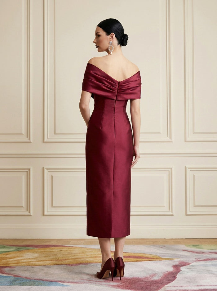Satin Sheath Off Shoulder Cocktail Dresses with Rhinestone