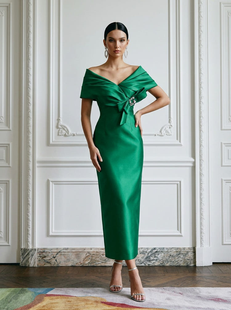Satin Sheath Off Shoulder Cocktail Dresses with Rhinestone