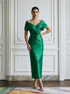 Satin Sheath Off Shoulder Cocktail Dresses with Rhinestone