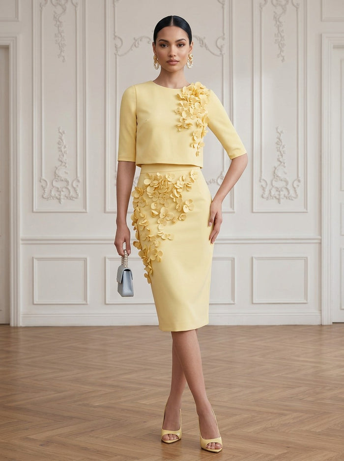 Jersey Sheath Crew Neck Cocktail/Party Wedding Guest Dresses with 3D Flowers