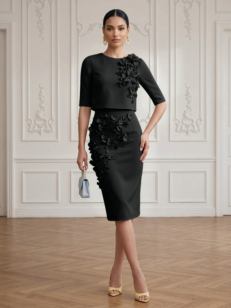 Jersey Sheath Crew Neck Cocktail/Party Wedding Guest Dresses with 3D Flowers