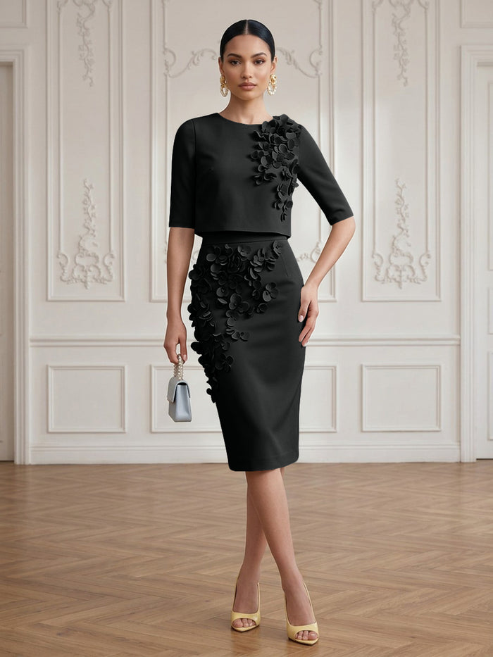 Jersey Sheath Crew Neck Cocktail/Party Wedding Guest Dresses with 3D Flowers