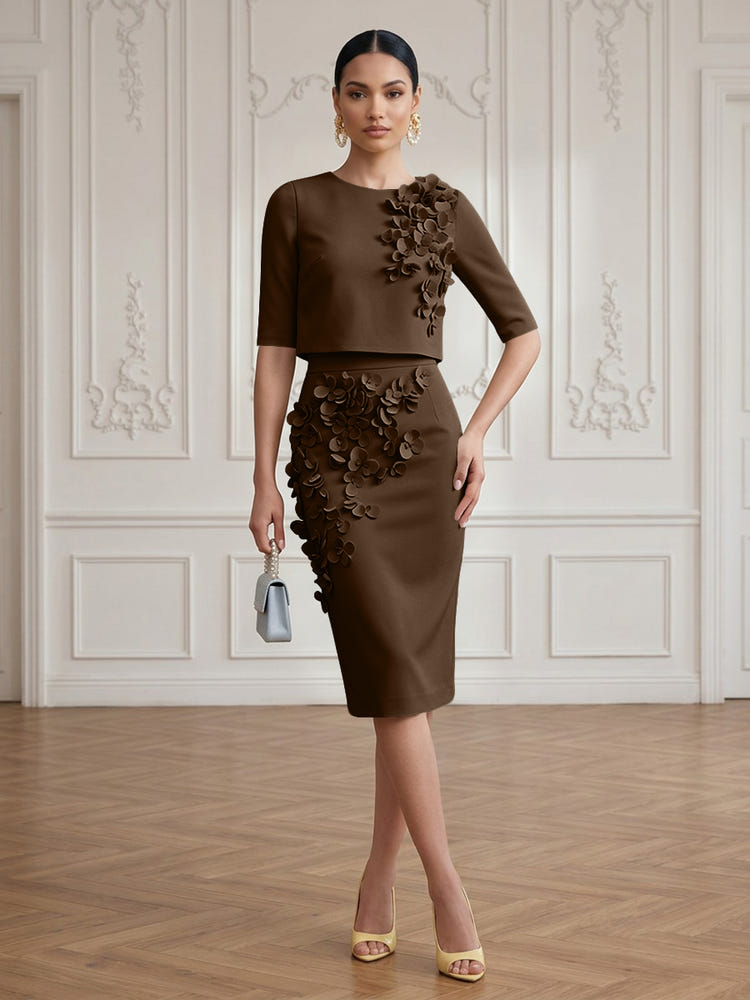 Jersey Sheath Crew Neck Cocktail/Party Wedding Guest Dresses with 3D Flowers