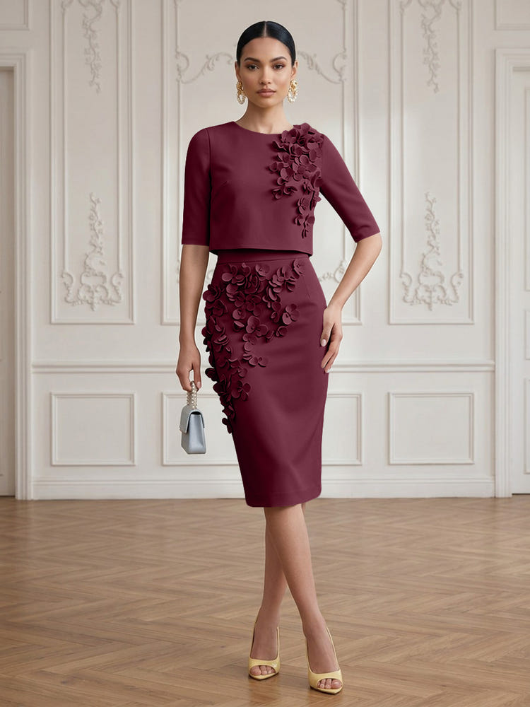 Jersey Sheath Crew Neck Cocktail/Party Wedding Guest Dresses with 3D Flowers