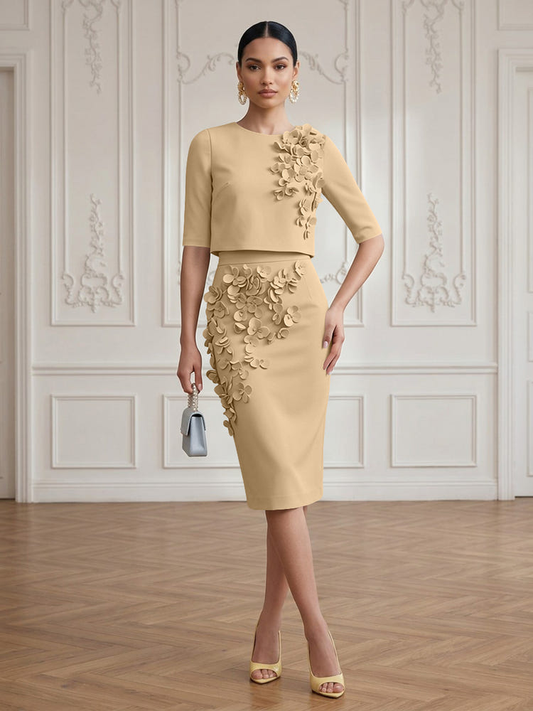 Jersey Sheath Crew Neck Cocktail/Party Wedding Guest Dresses with 3D Flowers