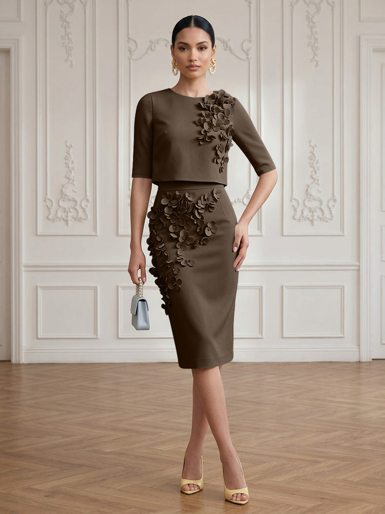 Jersey Sheath Crew Neck Cocktail/Party Wedding Guest Dresses with 3D Flowers