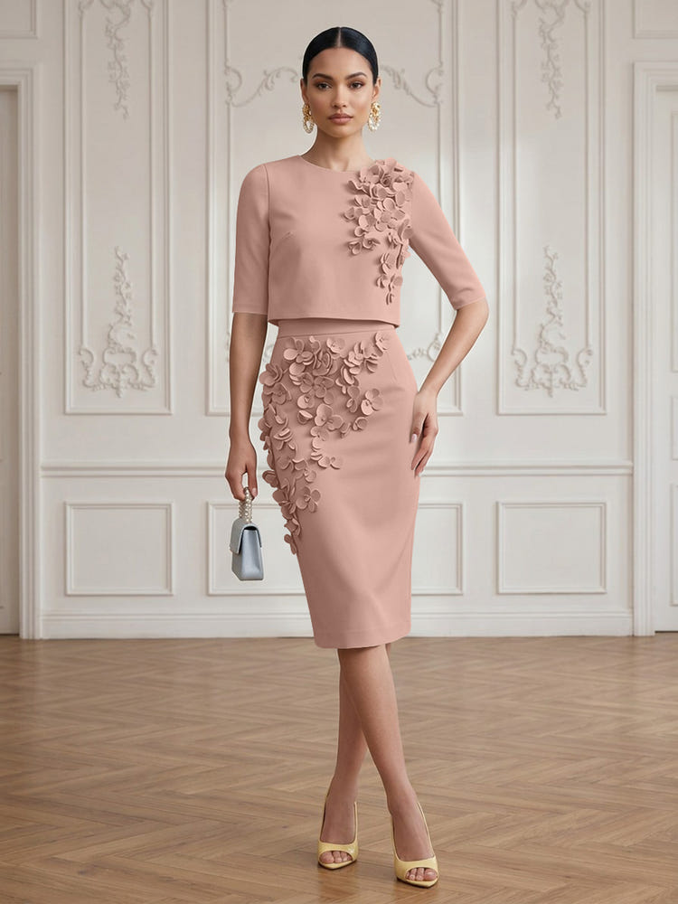 Jersey Sheath Crew Neck Cocktail/Party Wedding Guest Dresses with 3D Flowers