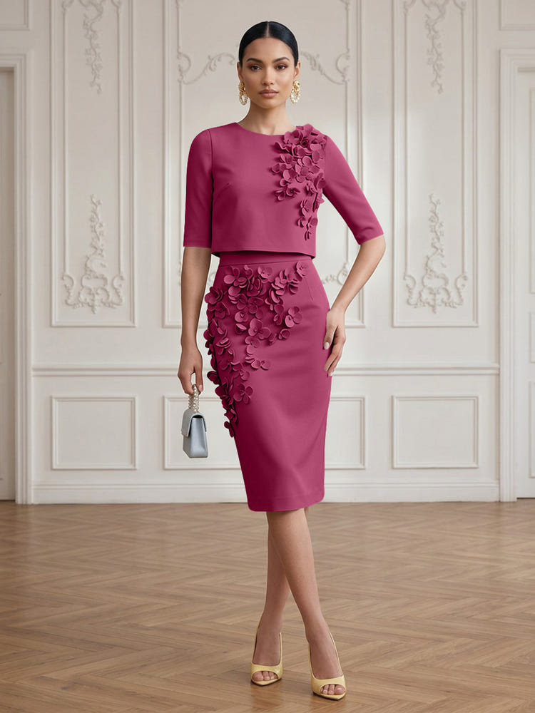 Jersey Sheath Crew Neck Cocktail/Party Wedding Guest Dresses with 3D Flowers