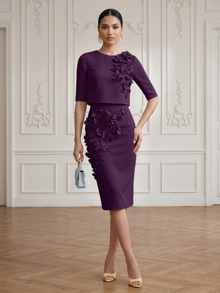 Jersey Sheath Crew Neck Cocktail/Party Wedding Guest Dresses with 3D Flowers