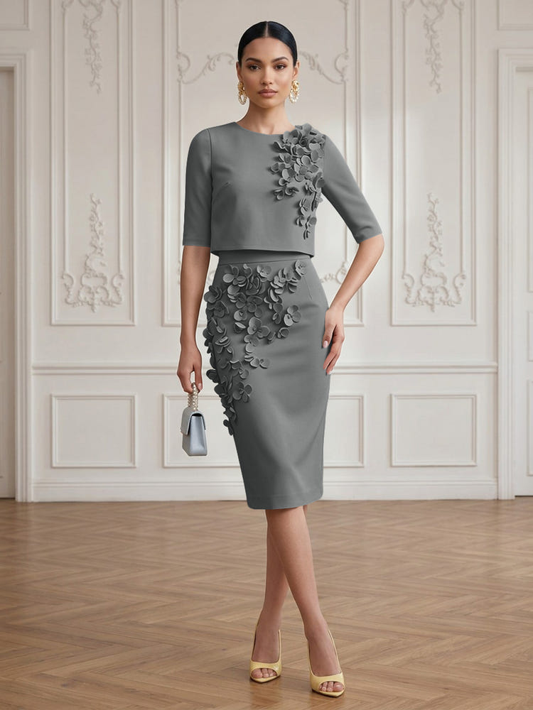 Jersey Sheath Crew Neck Cocktail/Party Wedding Guest Dresses with 3D Flowers