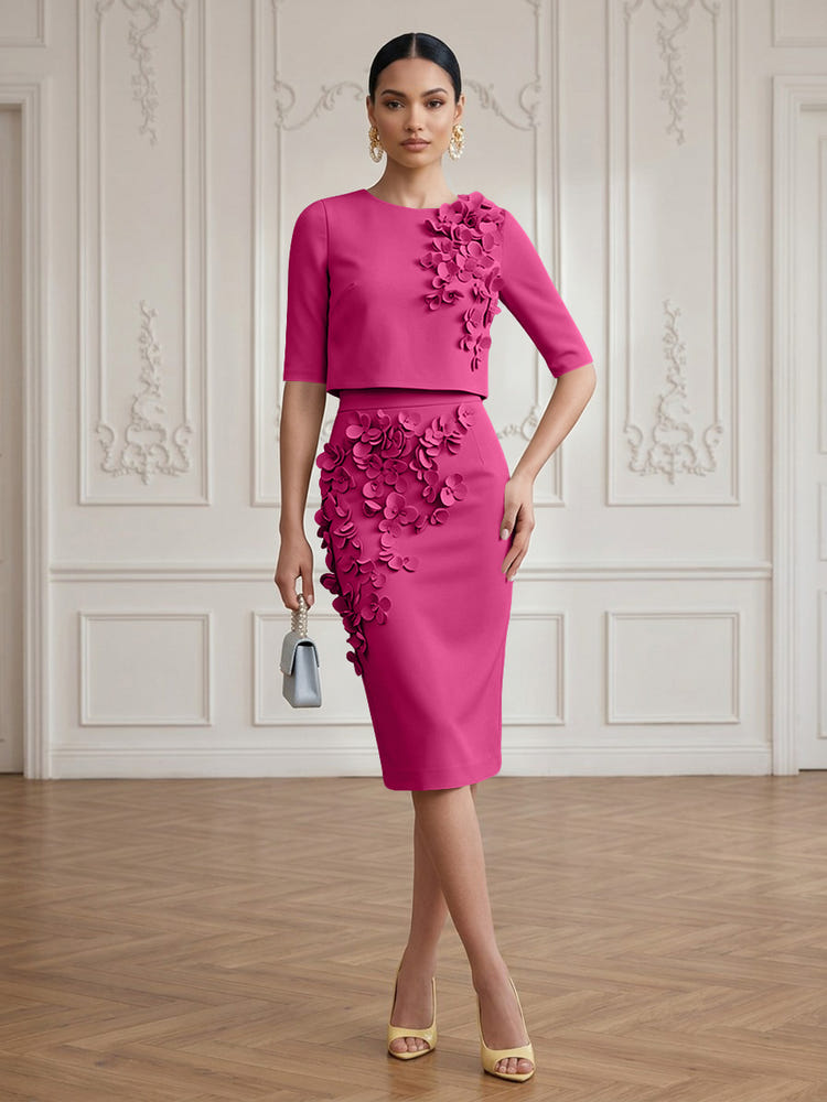 Jersey Sheath Crew Neck Cocktail/Party Wedding Guest Dresses with 3D Flowers