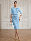 Jersey Sheath Crew Neck Cocktail/Party Wedding Guest Dresses with 3D Flowers
