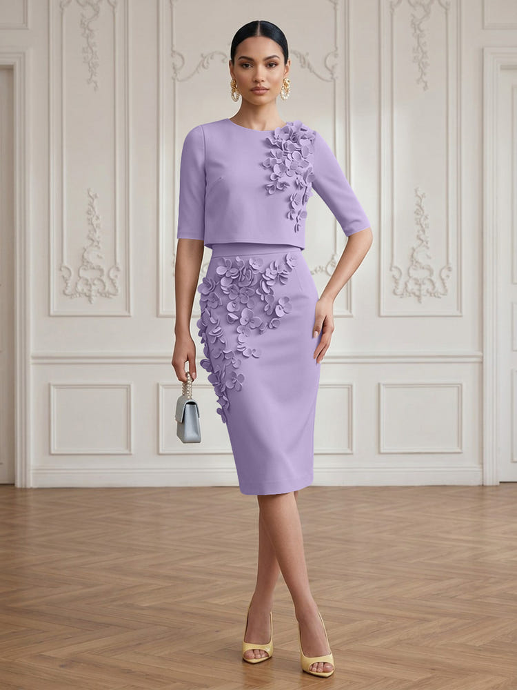 Jersey Sheath Crew Neck Cocktail/Party Wedding Guest Dresses with 3D Flowers