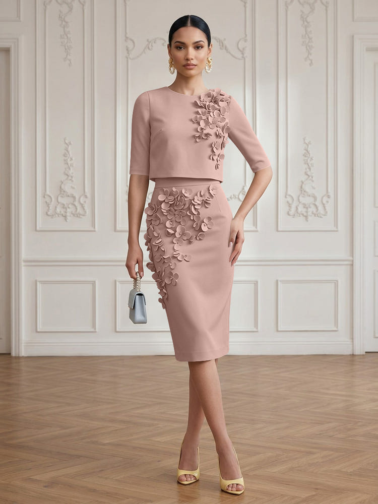 Jersey Sheath Crew Neck Cocktail/Party Wedding Guest Dresses with 3D Flowers