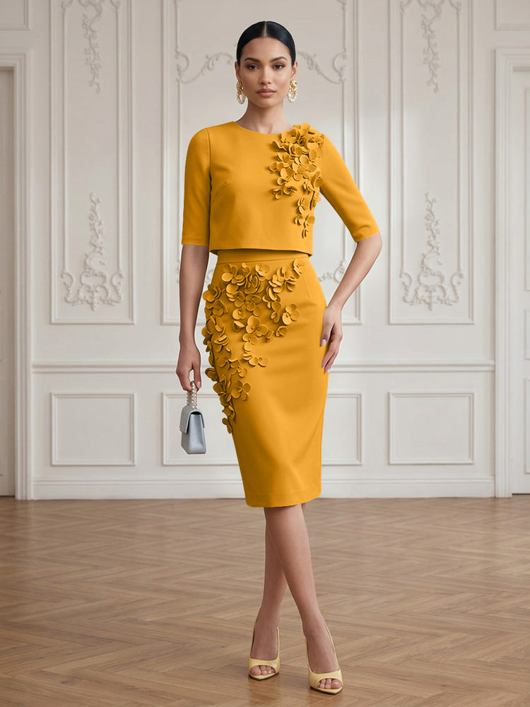 Jersey Sheath Crew Neck Cocktail/Party Wedding Guest Dresses with 3D Flowers