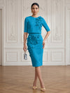 Jersey Sheath Crew Neck Cocktail/Party Wedding Guest Dresses with 3D Flowers