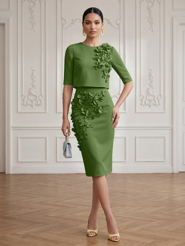 Jersey Sheath Crew Neck Cocktail/Party Wedding Guest Dresses with 3D Flowers