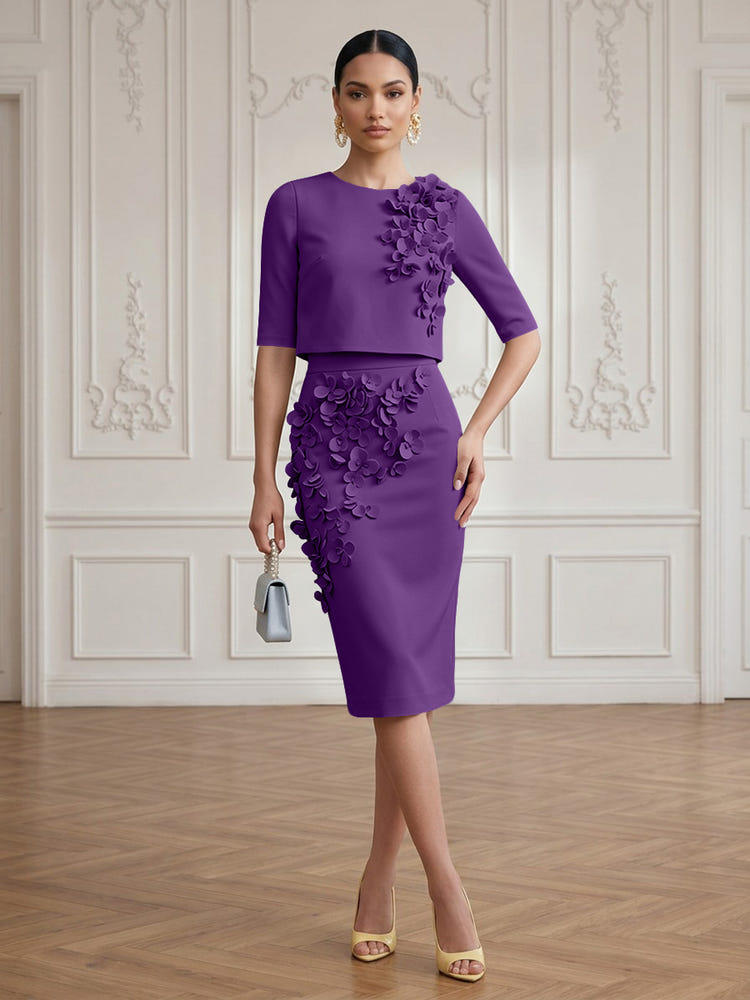 Jersey Sheath Crew Neck Cocktail/Party Wedding Guest Dresses with 3D Flowers