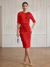 Jersey Sheath Crew Neck Cocktail/Party Wedding Guest Dresses with 3D Flowers