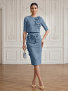Jersey Sheath Crew Neck Cocktail/Party Wedding Guest Dresses with 3D Flowers