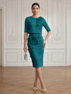 Jersey Sheath Crew Neck Cocktail/Party Wedding Guest Dresses with 3D Flowers
