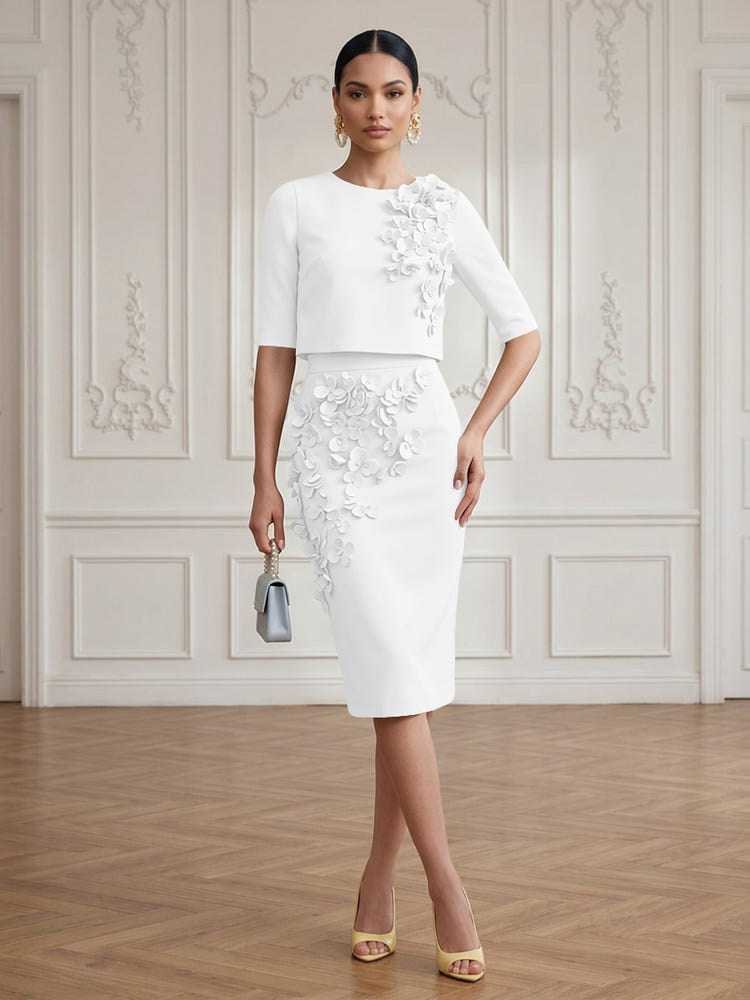 Jersey Sheath Crew Neck Cocktail/Party Wedding Guest Dresses with 3D Flowers