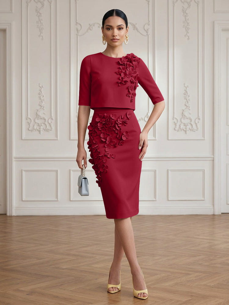 Jersey Sheath Crew Neck Cocktail/Party Wedding Guest Dresses with 3D Flowers