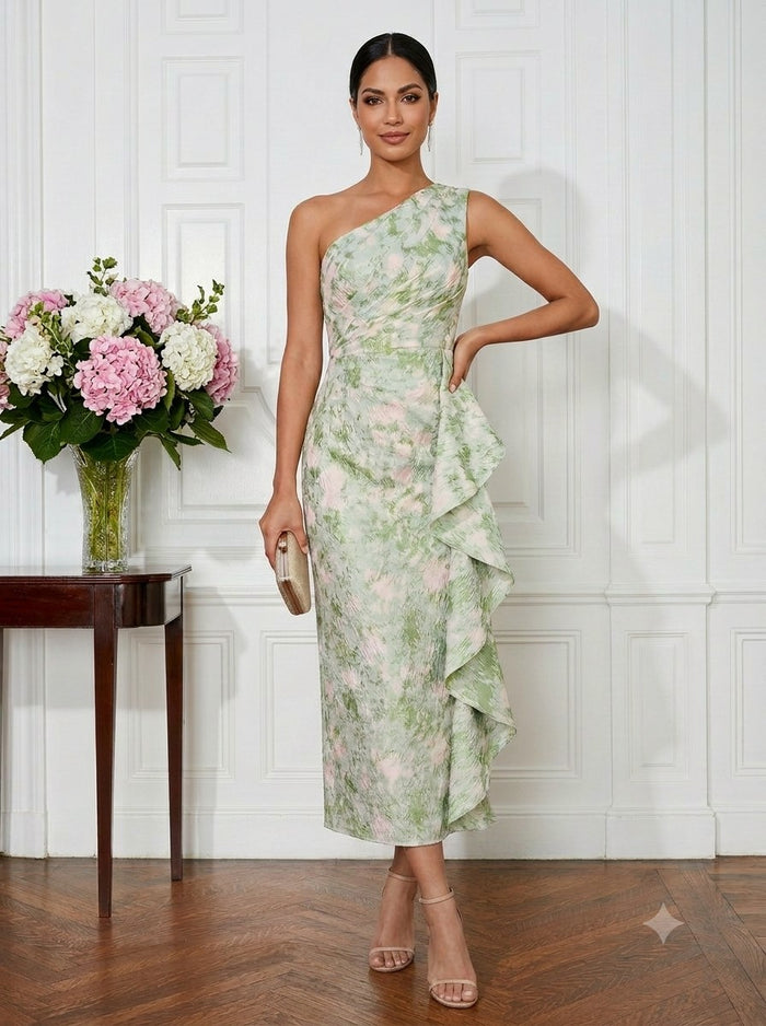 Jacquard Sheath One Shoulder Cocktail Dresses with Ruffles
