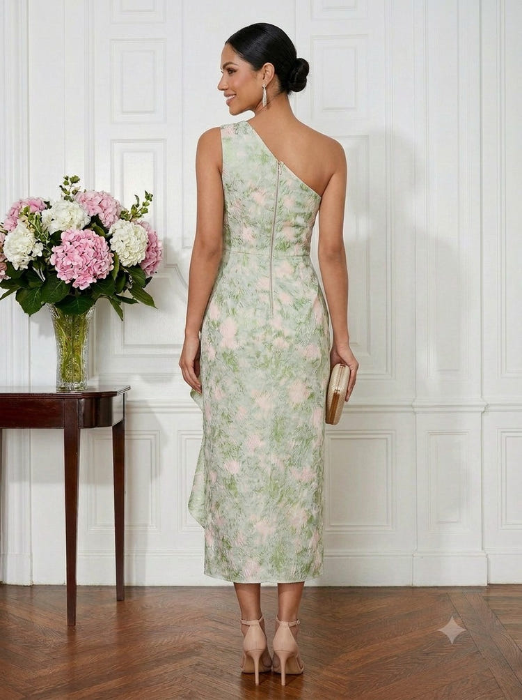 Jacquard Sheath One Shoulder Cocktail Dresses with Ruffles