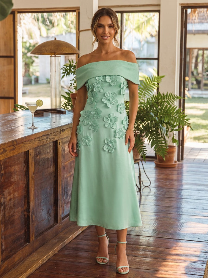 Jersey A-Line Off Shoulder Cocktail Dresses with 3D Flowers