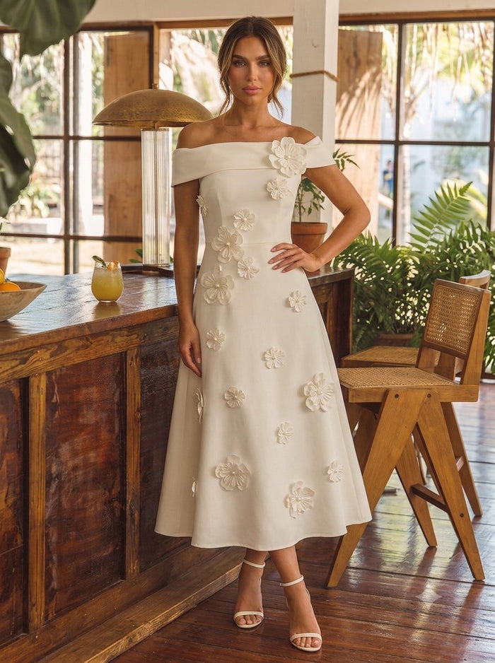 Short Jersey A-Line Off Shoulder Cocktail/Party Rehearsal Dresses with 3D Flowers