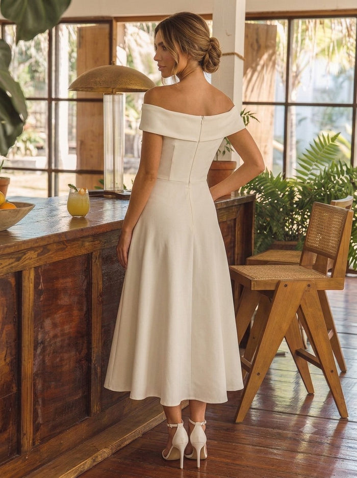 Short Jersey A-Line Off Shoulder Cocktail/Party Rehearsal Dresses with 3D Flowers