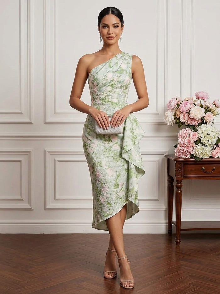 Jacquard Bodycon One Shoulder Cocktail Dresses with Ruffles