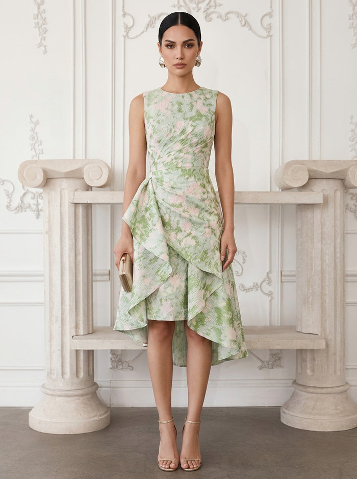 Jacquard A-Line Crew Neck Cocktail Dresses with Side Waist Ruched Shaping Detail