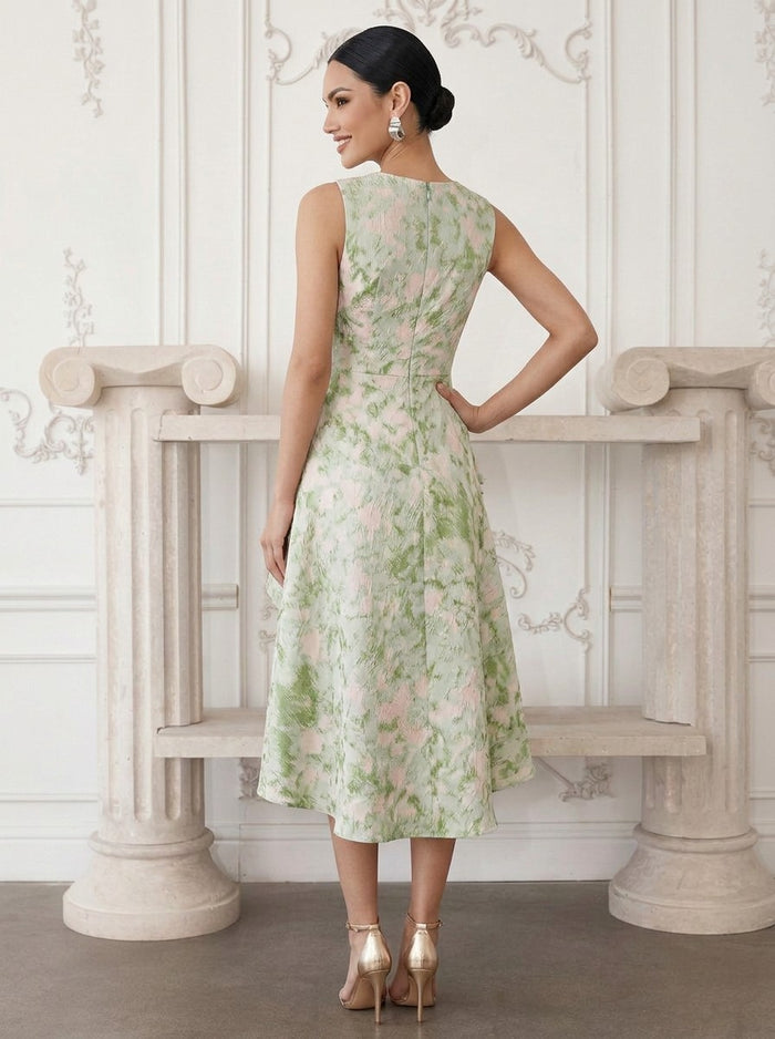 Jacquard A-Line Crew Neck Cocktail Dresses with Side Waist Ruched Shaping Detail