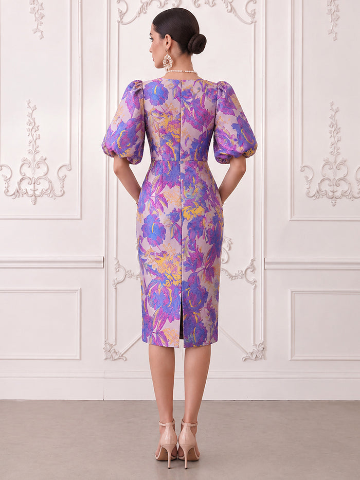 Short Jacquard Sheath Crew Neck Cocktail Dresses with Puffy Sleeves
