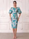 Short Jacquard Sheath Crew Neck Cocktail Dresses with Puffy Sleeves