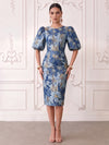 Short Jacquard Sheath Crew Neck Cocktail Dresses with Puffy Sleeves