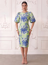 Short Jacquard Sheath Crew Neck Cocktail Dresses with Puffy Sleeves