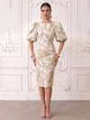 Short Jacquard Sheath Crew Neck Cocktail Dresses with Puffy Sleeves