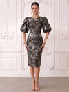 Short Jacquard Sheath Crew Neck Cocktail Dresses with Puffy Sleeves