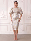 Short Jacquard Sheath Crew Neck Cocktail Dresses with Puffy Sleeves