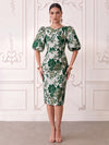 Short Jacquard Sheath Crew Neck Cocktail Dresses with Puffy Sleeves