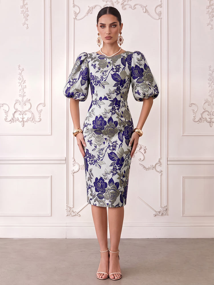 Short Jacquard Sheath Crew Neck Cocktail Dresses with Puffy Sleeves