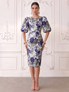 Short Jacquard Sheath Crew Neck Cocktail Dresses with Puffy Sleeves