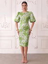 Short Jacquard Sheath Crew Neck Cocktail Dresses with Puffy Sleeves