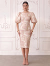 Short Jacquard Sheath Crew Neck Cocktail Dresses with Puffy Sleeves