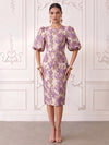 Short Jacquard Sheath Crew Neck Cocktail Dresses with Puffy Sleeves