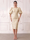 Short Jacquard Sheath Crew Neck Cocktail Dresses with Puffy Sleeves